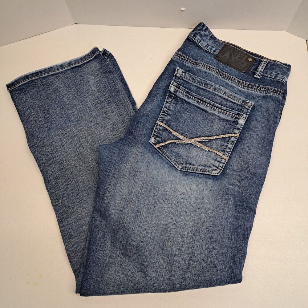 TK Axel Slim Boot Blue Distressed Stretch Denim Buckle Men's 38x32